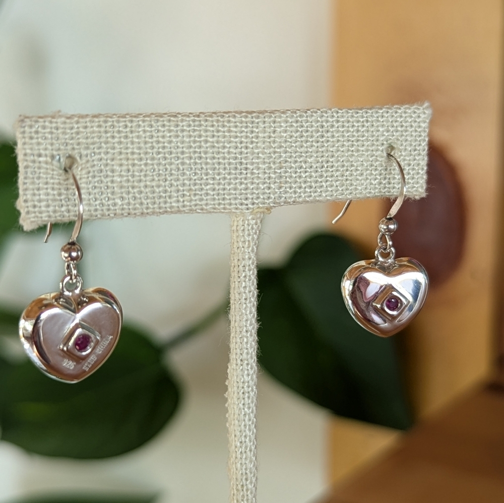 ELLE 925 Sterling Silver Ruby Heart Dangling Earrings
